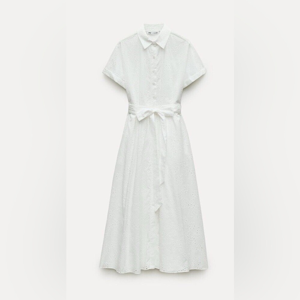 Zara woman collection embroidered White Eyelet midi Dress with belt size S - Picture 6 of 7